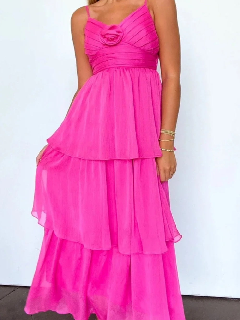 Woman’s Pink Tiered Chiffon Party Dress with Rose Detail